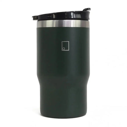Sophos 14oz vacuum mug in dark green with black lid and silver accents