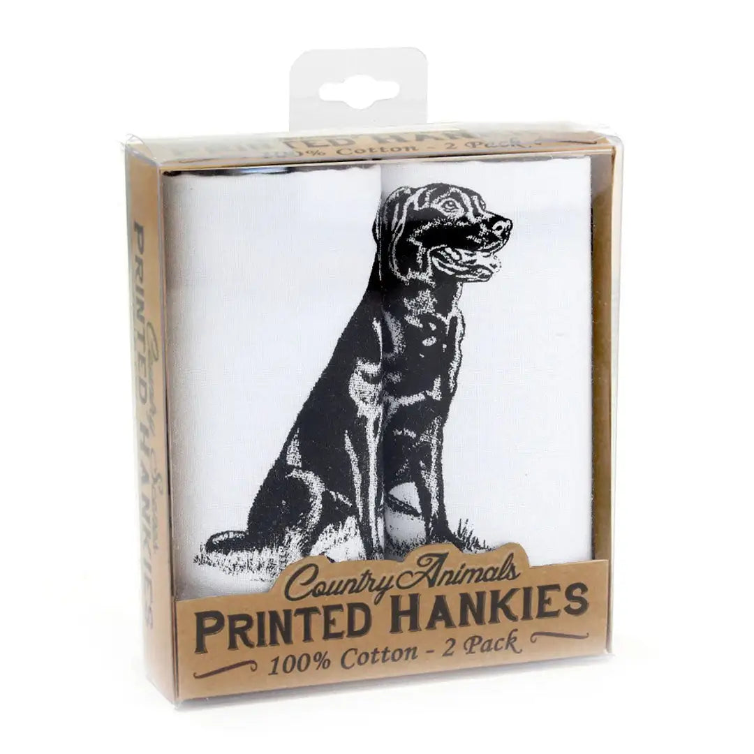 Packaged Sophos 2 Pack Labrador Hankies with a black dog design, perfect for outdoors lovers