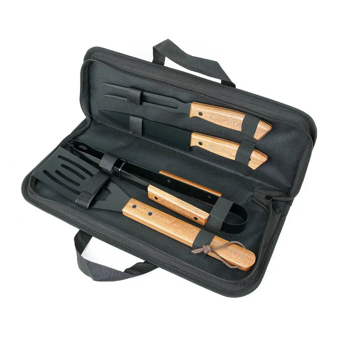 Sophos 4 Piece BBQ Set with black tools, wooden handles, leather straps for outdoors hunting