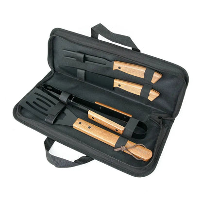 Sophos 4 Piece BBQ Set with black tools, wooden handles, leather straps for outdoors hunting