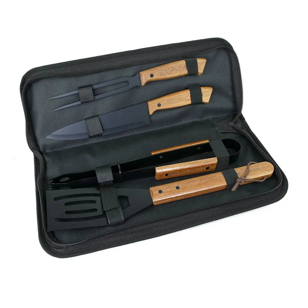 Sophos 4-piece BBQ set with wooden handles for outdoors