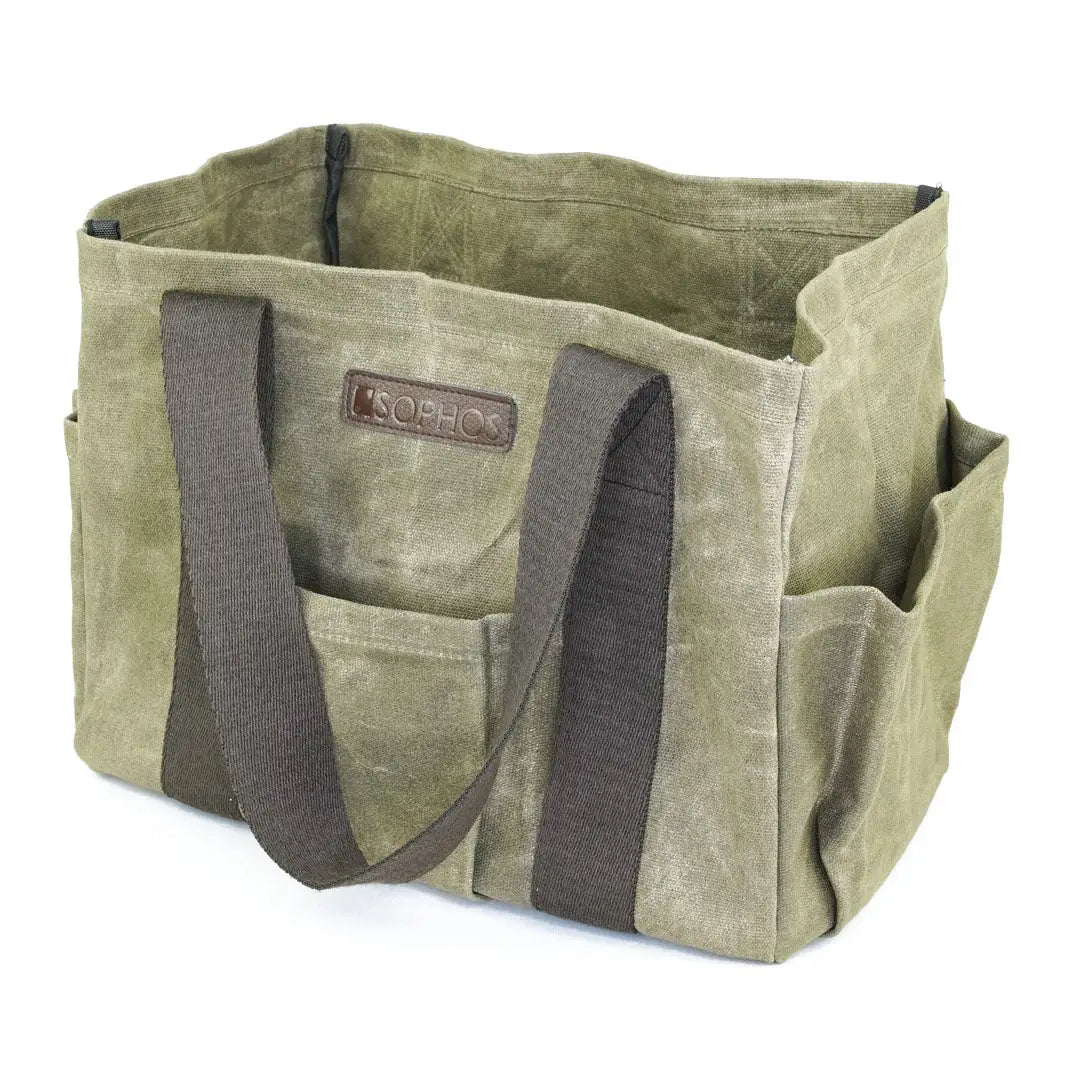 Sophos Canvas Garden Tote Bag in olive green waxed canvas with brown accents for outdoors hunting