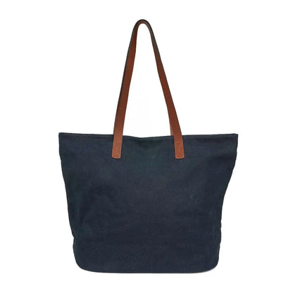 Sophos canvas tote bag in navy blue with brown leather handles