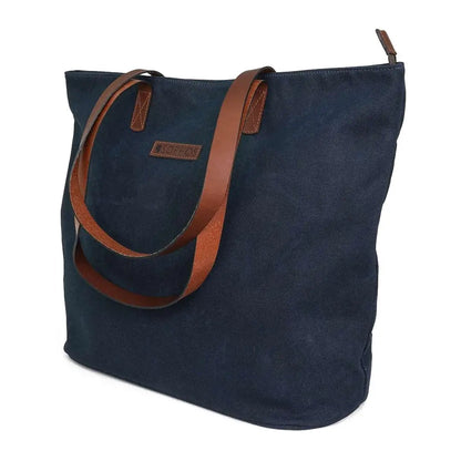Sophos Canvas Tote Bag in navy blue with brown leather handles