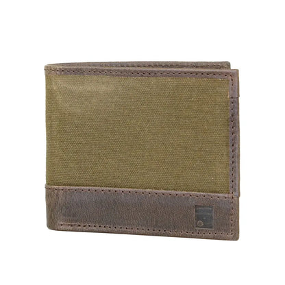Sophos Canvas Wallet in olive green and brown canvas with leather accents