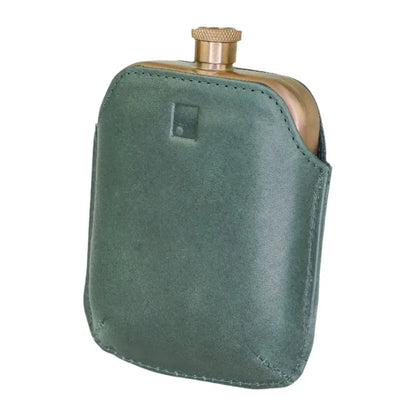 Sophos colour block hip flask with brass and green leather pouch