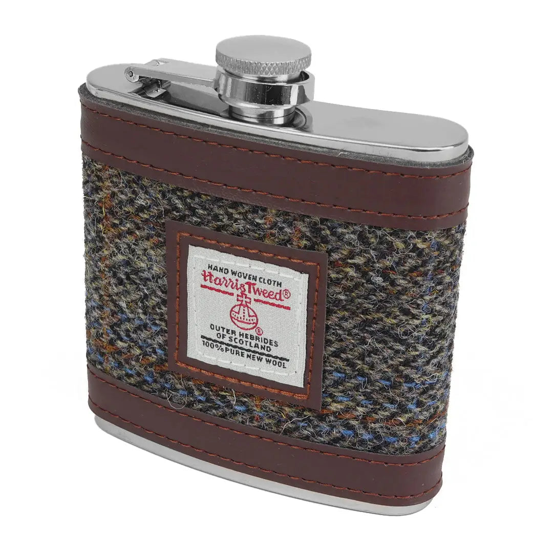 Sophos Harris Tweed hip flask with brown leather trim and silver accents