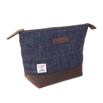Sophos Harris Tweed Triangle Washbag with brown leather accents
