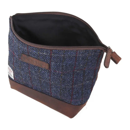 Sophos Harris Tweed triangle washbag with brown leather trim