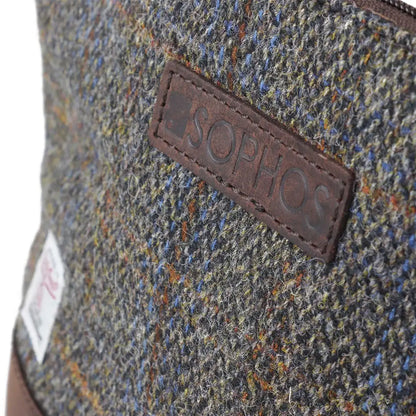 Sophos Harris Tweed triangle washbag with tweed laptop sleeve and leather patch