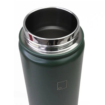 Green stainless steel thermos with silver lid for hunting country clothing
