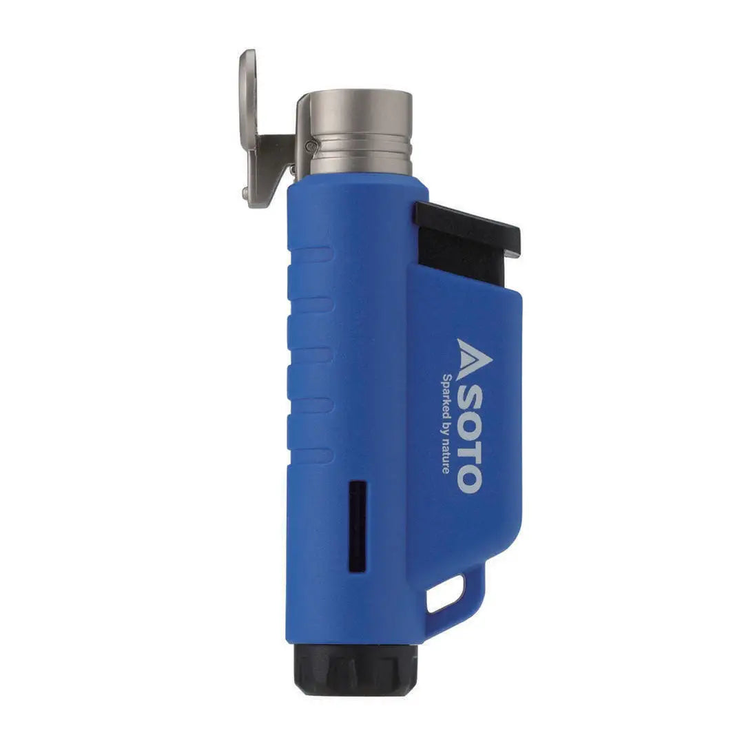 Blue and silver Soto Micro Torch vertical for precise lighting and outdoor use