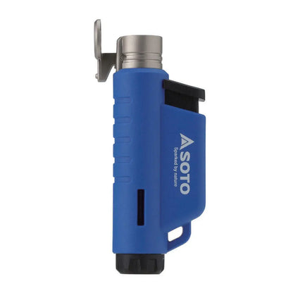 Blue and silver Soto Micro Torch vertical for precise lighting and outdoor use