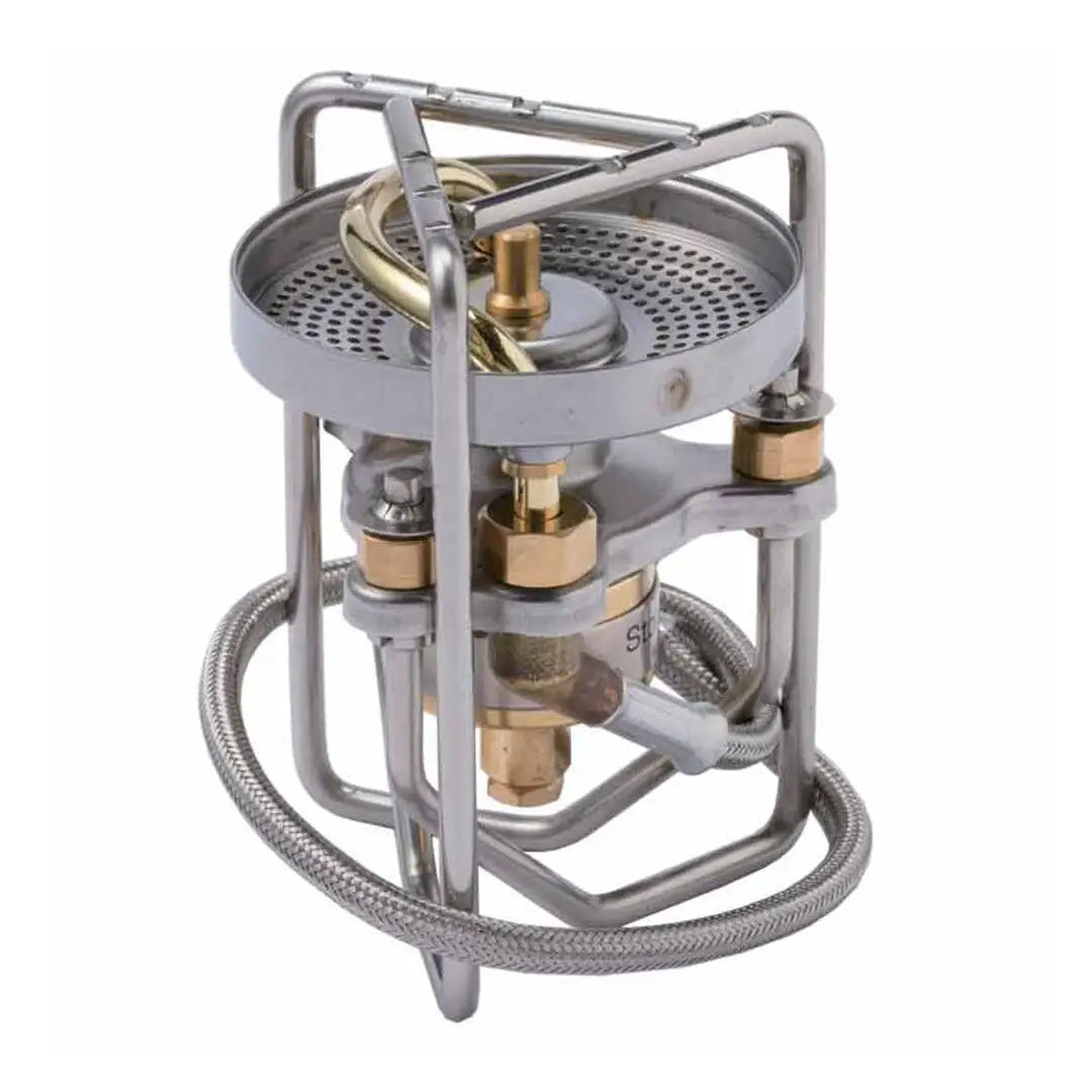 Compact metal camping stove from Soto StormBreaker with Fuel Bottle in Red Combo