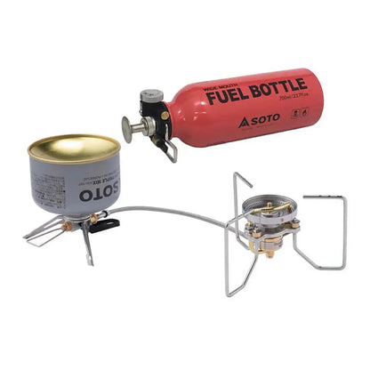 Soto StormBreaker with fuel bottle in red, perfect for your camping adventures!