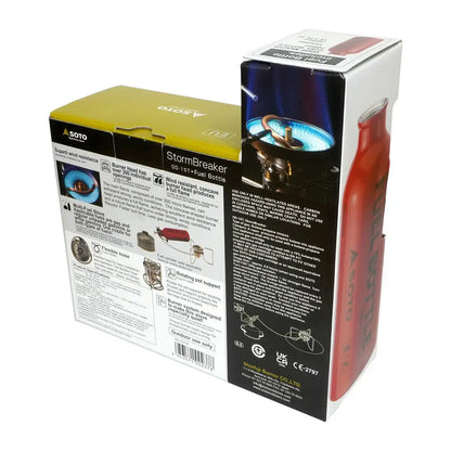 Soto StormBreaker camping stove packaging with red fuel bottle combo for outdoor adventures