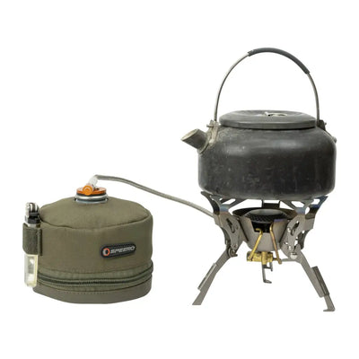 Camping stove with kettle and Speero Gas Canister Cover for added protection