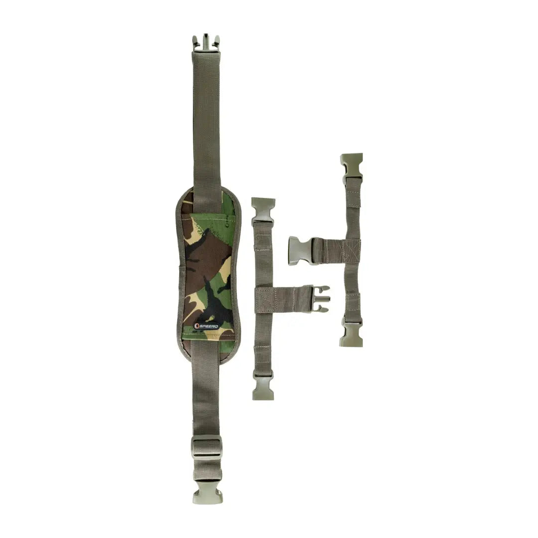 Military-style camouflage Speero Multipoint Carry Strap with handy accessories attached