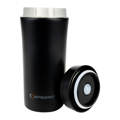 Black insulated tumbler with lid from the Speero Thermate Mug for hot and cold drinks