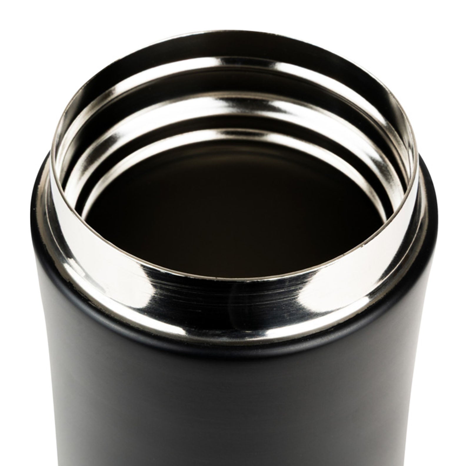 Open-topped black and silver Speero Thermate Mug perfect for hot drinks on the go