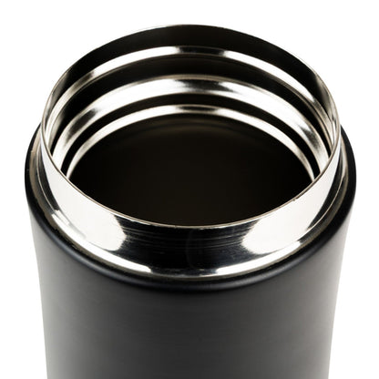Open-topped black and silver Speero Thermate Mug perfect for hot drinks on the go