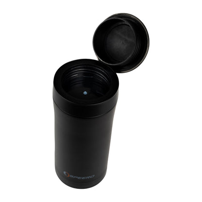 Open black Speero Thermate Mug showcasing its sleek design and functionality