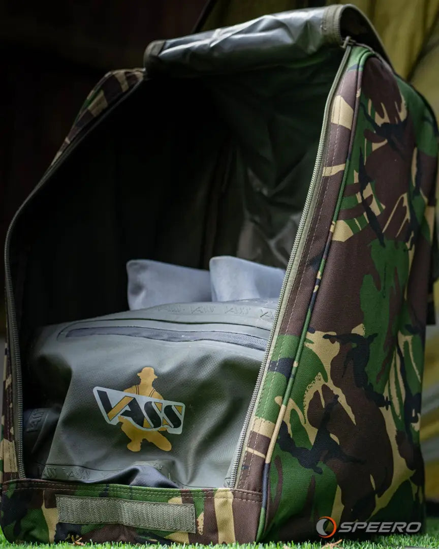 Open Speero Wader Bag in cool camouflage design, perfect for your fishing adventures