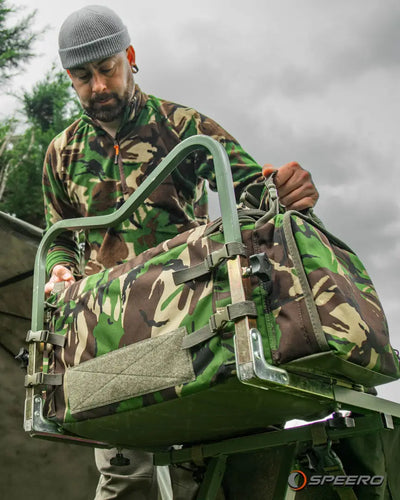 Camouflage fishing seat with bag for access essential kit in Speero XL Carryall barrow bag