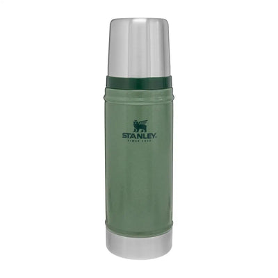 Green and silver Stanley Classic vacuum flask for hunting gear