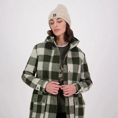 Woman in Swanndri Annmore merino wool overcoat with beanie and checkered hood