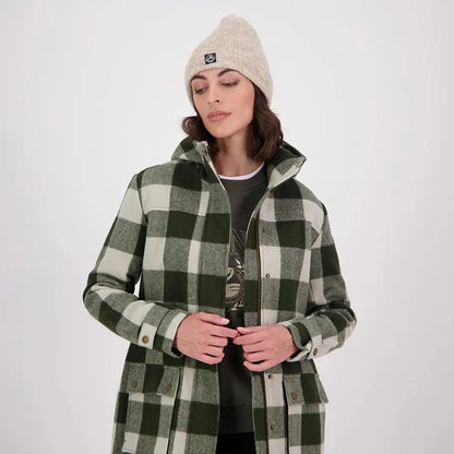 Woman in Swanndri Annmore merino wool overcoat with beanie and checkered hood