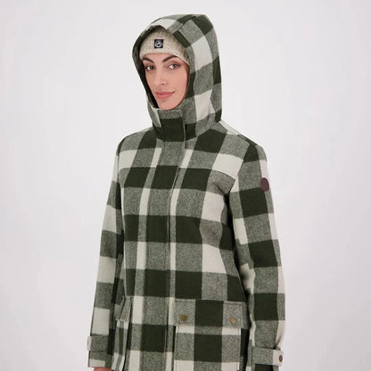 Woman in Swanndri Annmore merino wool overcoat with hood and beanie in winter style
