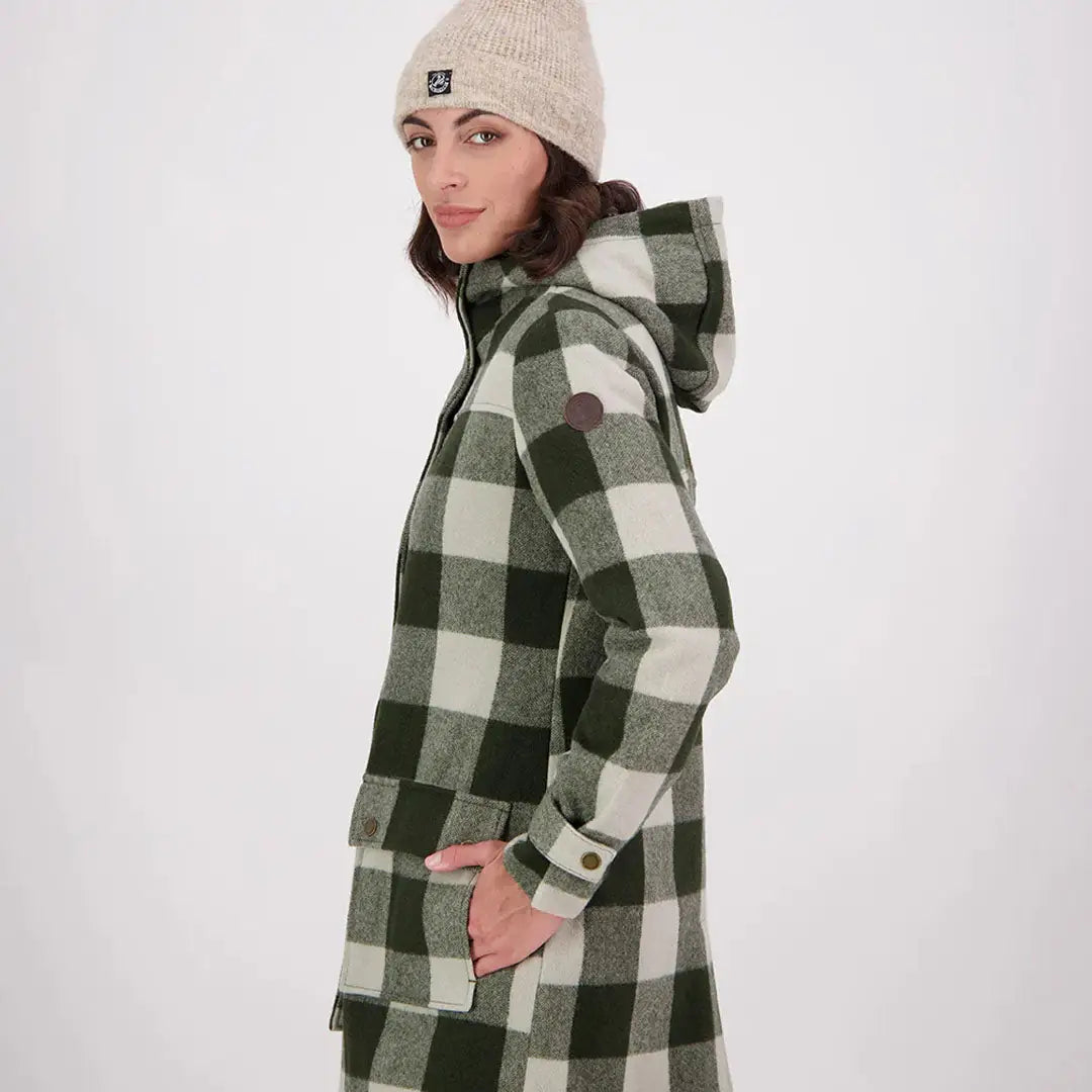 Woman modeling Swanndri Annmore Merino Wool Overcoat in green and white plaid