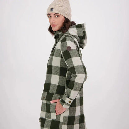 Woman modeling Swanndri Annmore Merino Wool Overcoat in green and white plaid