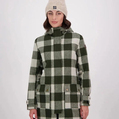 Woman in Swanndri Annmore merino wool overcoat with dark green and off-white plaid