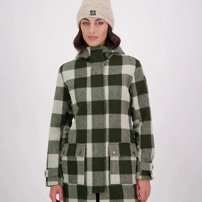 Woman in Swanndri Annmore merino wool overcoat with dark green and off-white plaid