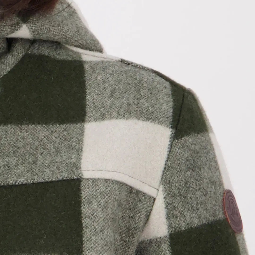 Green and off-white buffalo check Swanndri Annmore merino wool overcoat with leather patch