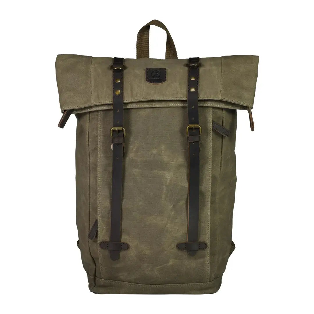Olive green Swanndri Arrowtown backpack with leather straps, perfect for country clothing and hunting