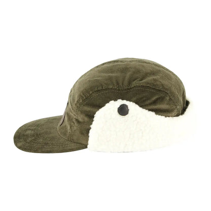 Olive green Swanndri Birchwood Sherpa lined winter cap with cream faux fur ear flaps