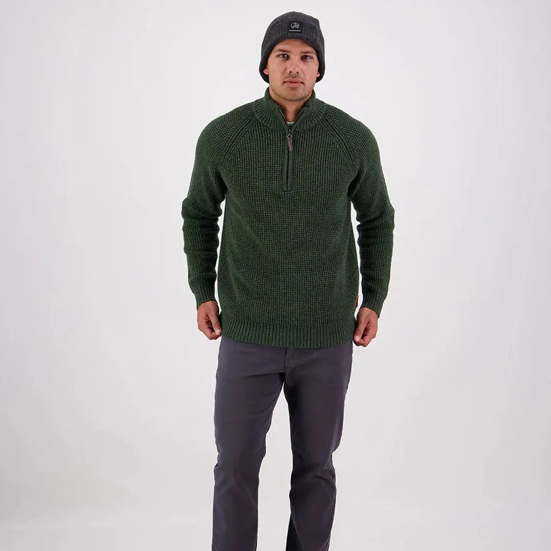Men’s dark green ribbed quarter-zip sweater from Swanndri Chalky Island Waffle Jumper collection
