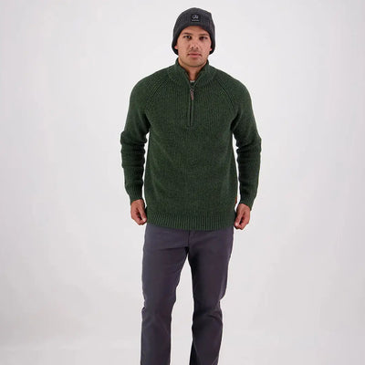 Men’s dark green ribbed quarter-zip sweater from Swanndri Chalky Island Waffle Jumper collection