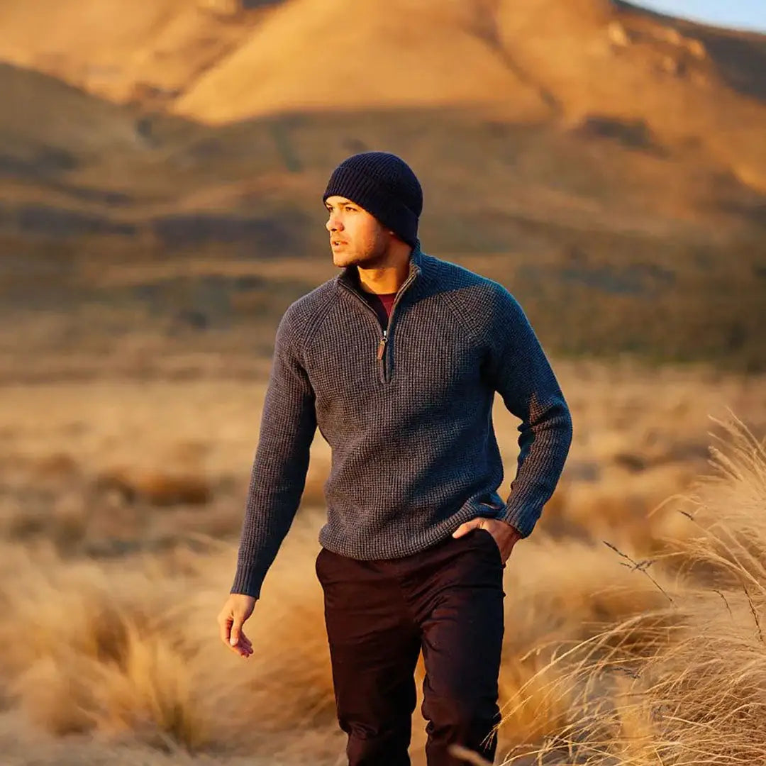Men’s navy blue Swanndri Chalky Island waffle jumper with beanie for cozy style