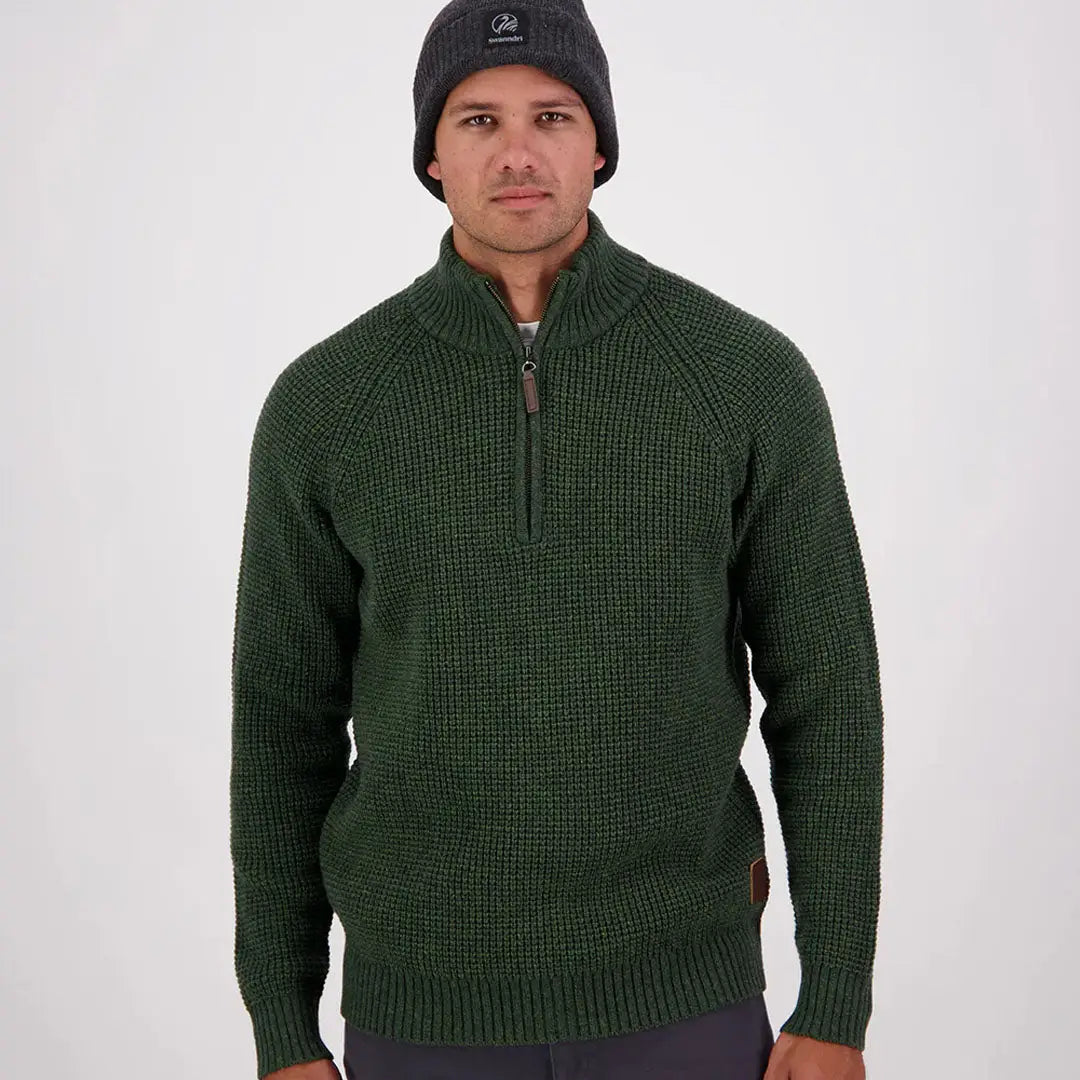 Men’s dark green textured Swanndri Chalky Island waffle jumper quarter-zip sweater