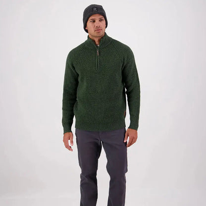 Men’s dark green Swanndri Chalky Island waffle jumper with ribbed knit quarter-zip