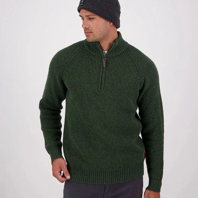 Men’s dark green Swanndri Chalky Island waffle jumper with quarter-zip style