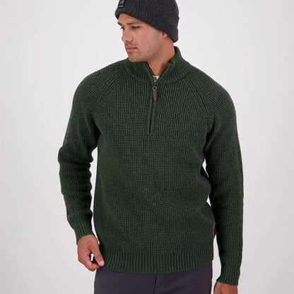 Men’s dark green Swanndri Chalky Island waffle jumper with quarter-zip style
