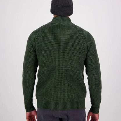 Men’s dark green Swanndri Chalky Island waffle jumper with high collar for cozy style