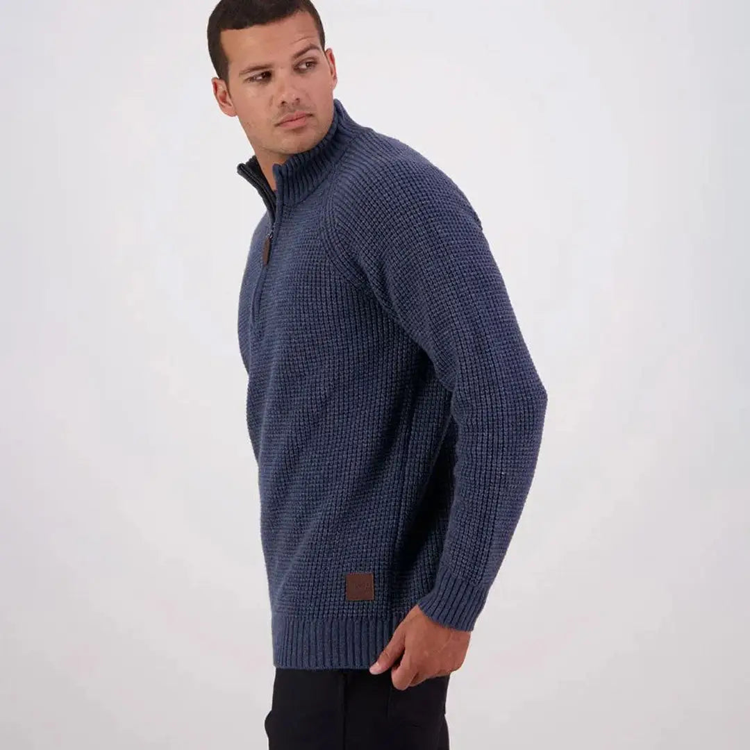 Men’s blue Swanndri Chalky Island waffle jumper, perfect for casual style