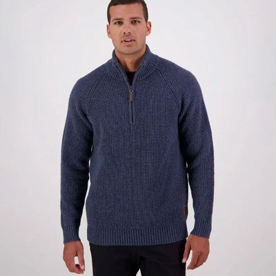 Men’s navy blue textured Swanndri Chalky Island Waffle Jumper, cozy island waffle style