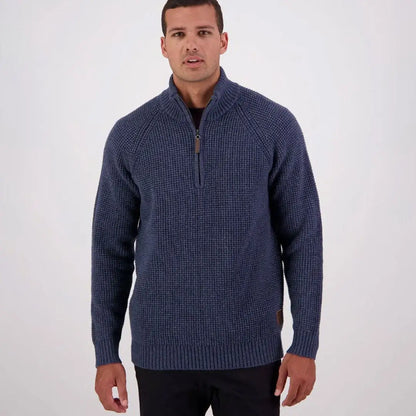 Men’s navy blue textured Swanndri Chalky Island Waffle Jumper, cozy island waffle style